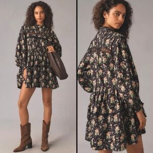 Pilcro × Anthropologie Long Sleeve Mock Neck Floral Boho Swing Mini Dress Size M